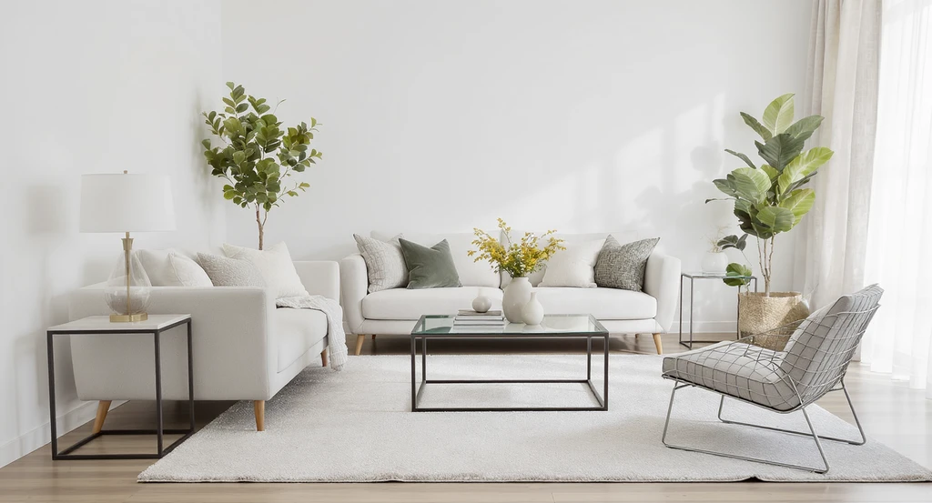 Small living room with exposed-leg sofa, glass coffee table, open metal chairs, and an oversized area rug, creating a spacious, light-filled feel.