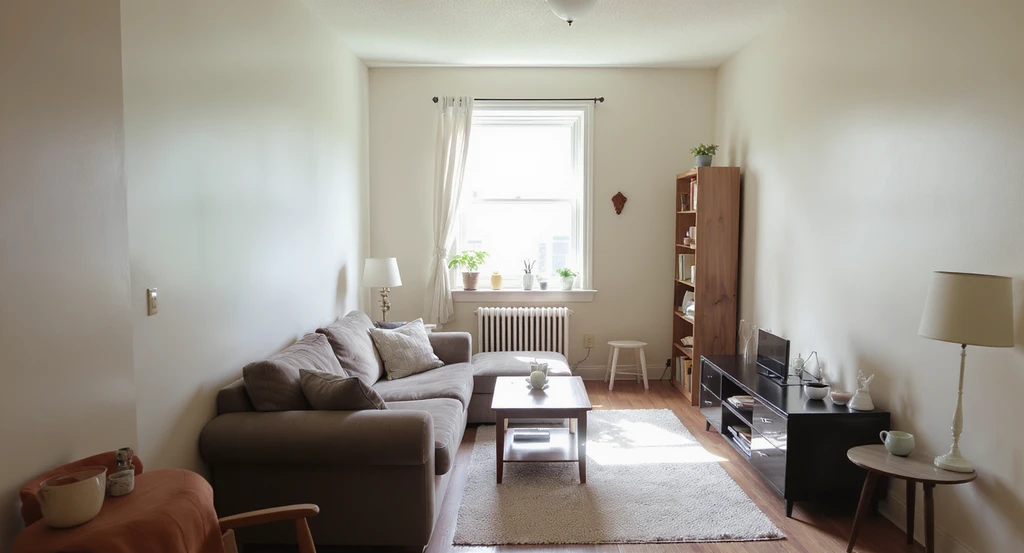 A compact living room with full-size furniture arranged closely, light walls, and a single window, illustrating how small spaces can feel cramped despite smart furnishing choices.