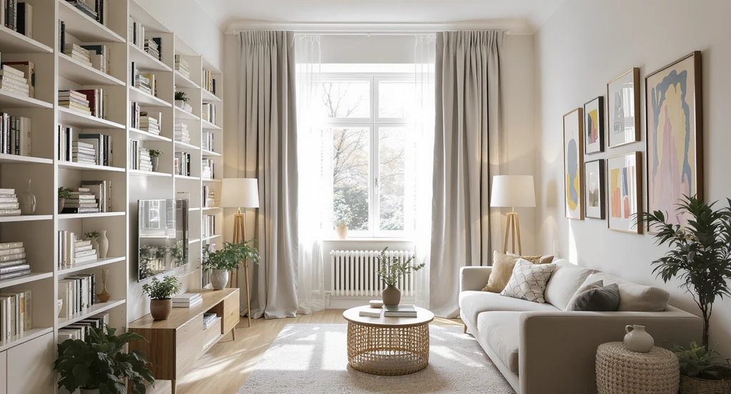 Floor-to-ceiling open shelving, tall mirror, and high-mounted curtains in a small living room, emphasizing vertical space and maximizing brightness.