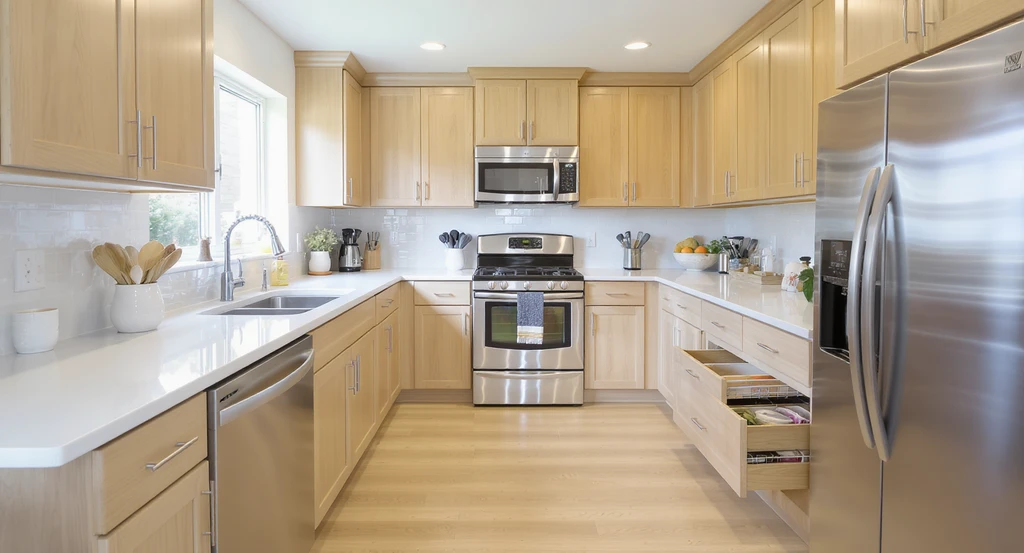 Accessible kitchen with dual-height countertops, spacious walkways for easy movement, and all storage within comfortable reach for everyone.