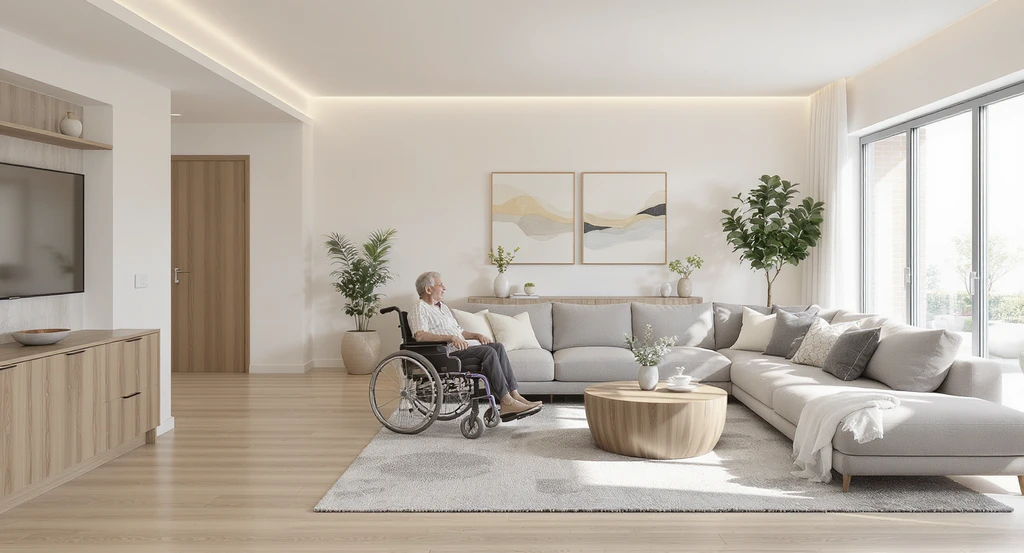 Spacious, accessible living room with wide walkways, modular low-height sofa, seamless flooring, and universal design features for comfort and inclusion.