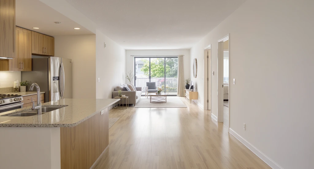 Spacious open-plan living area with wide walkways, accessible counters and shelves, sliding door, and unobstructed, easy-to-navigate pathways.