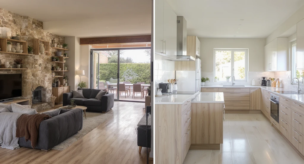 Photorealistic open-plan living and kitchen area showing pitfalls like oversized furniture and high shelves beside areas with wide corridors, accessible counters, and multi-height surfaces for inclusive interior design.