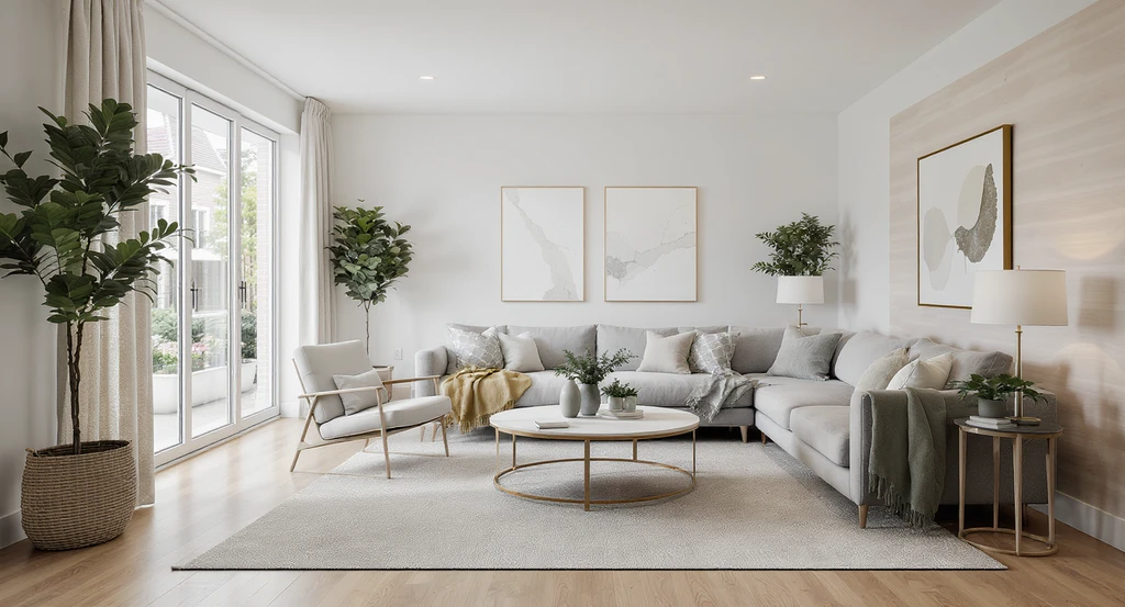 Modern living room with wide, accessible pathways, low-profile furniture, smooth non-slip flooring, and reachable switches, showcasing inclusive interior design.