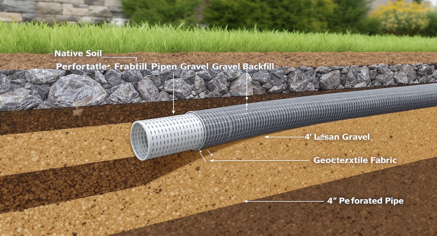 Realistic cross-section of retaining wall showing drainage pipe wrapped in fabric surrounded by gravel and separated from soil under soft daylight.
