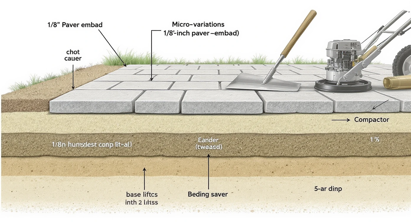 Cross-section illustration of paver patio foundation showing compacted base, sand bedding, and pavers being laid with screed and compactor tools.