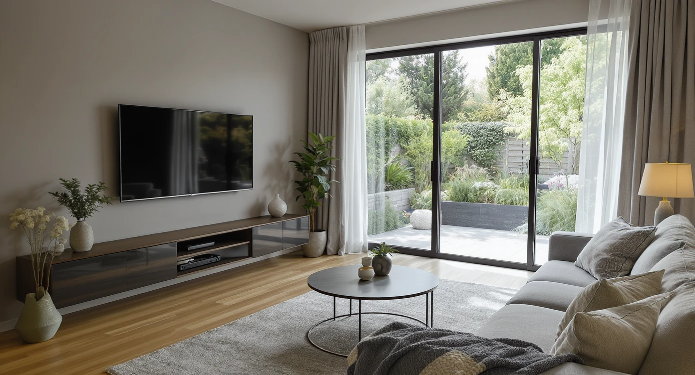 Modern living room showing TV on solid wall, sofa on longest wall, clear walkway and floor-to-ceiling window with garden view.