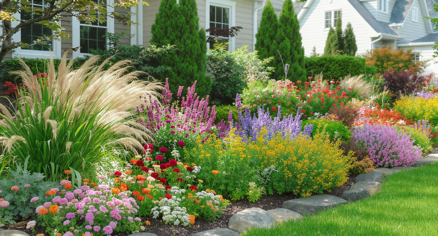 Pollinator garden with native perennials like coneflowers and salvia replacing peonies, butterflies and bees visible.