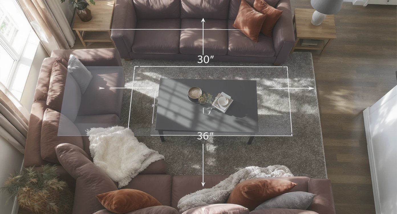 Bird’s-eye view of living room with oversized sofas facing each other, obstructing clear walking space, and bulky coffee table