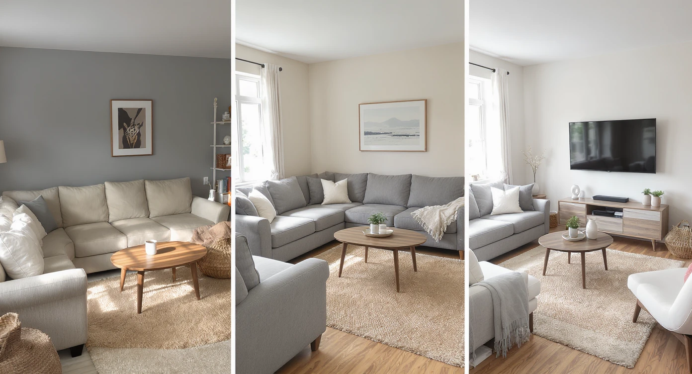 Four-panel sequence showing transformation of cramped living room with sofa rotation, table swap, TV mounting, and added chairs