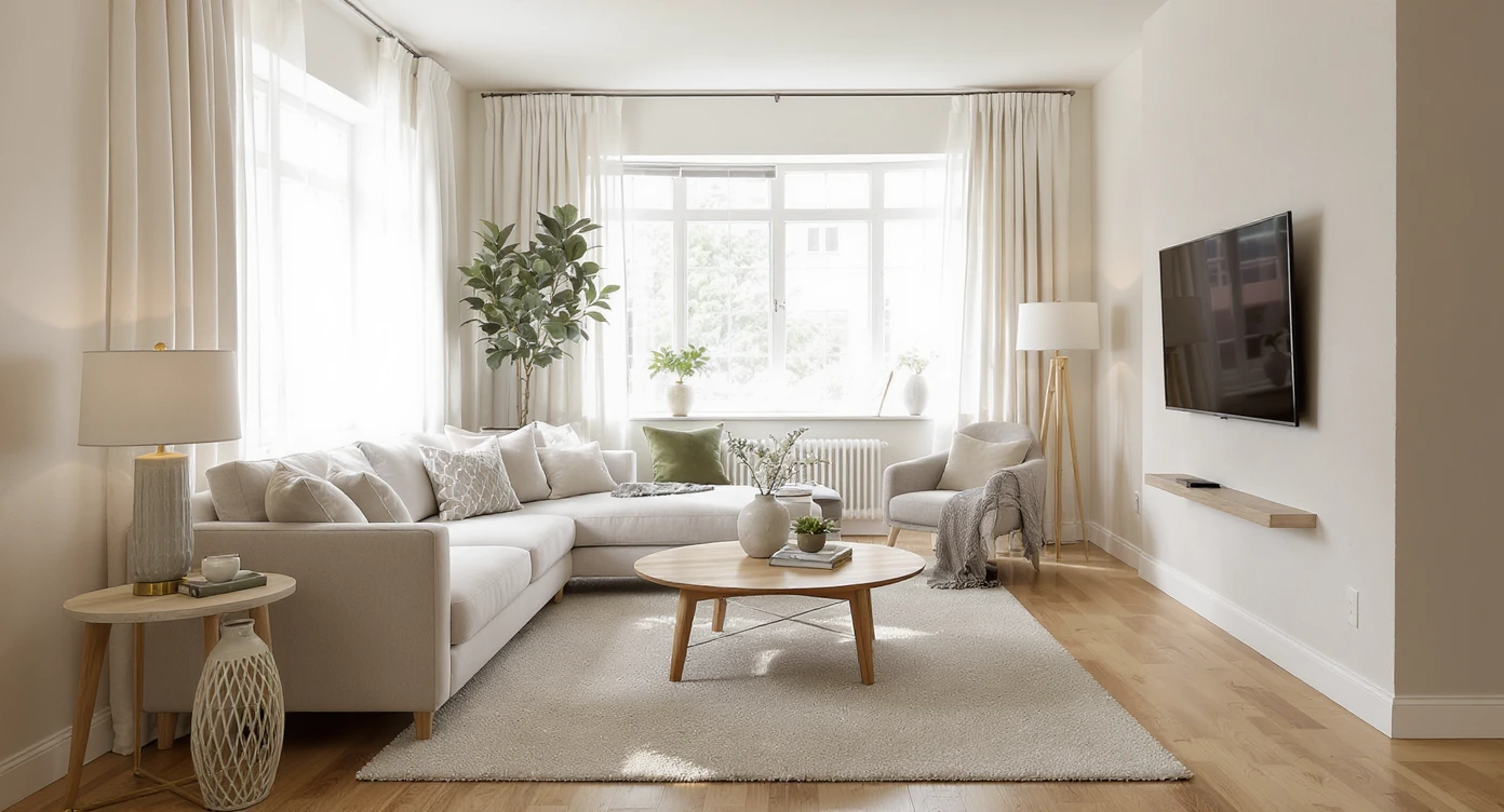 Living room featuring oval coffee table, centered TV on column wall, beige sofa with clear walking space under warm daylight.