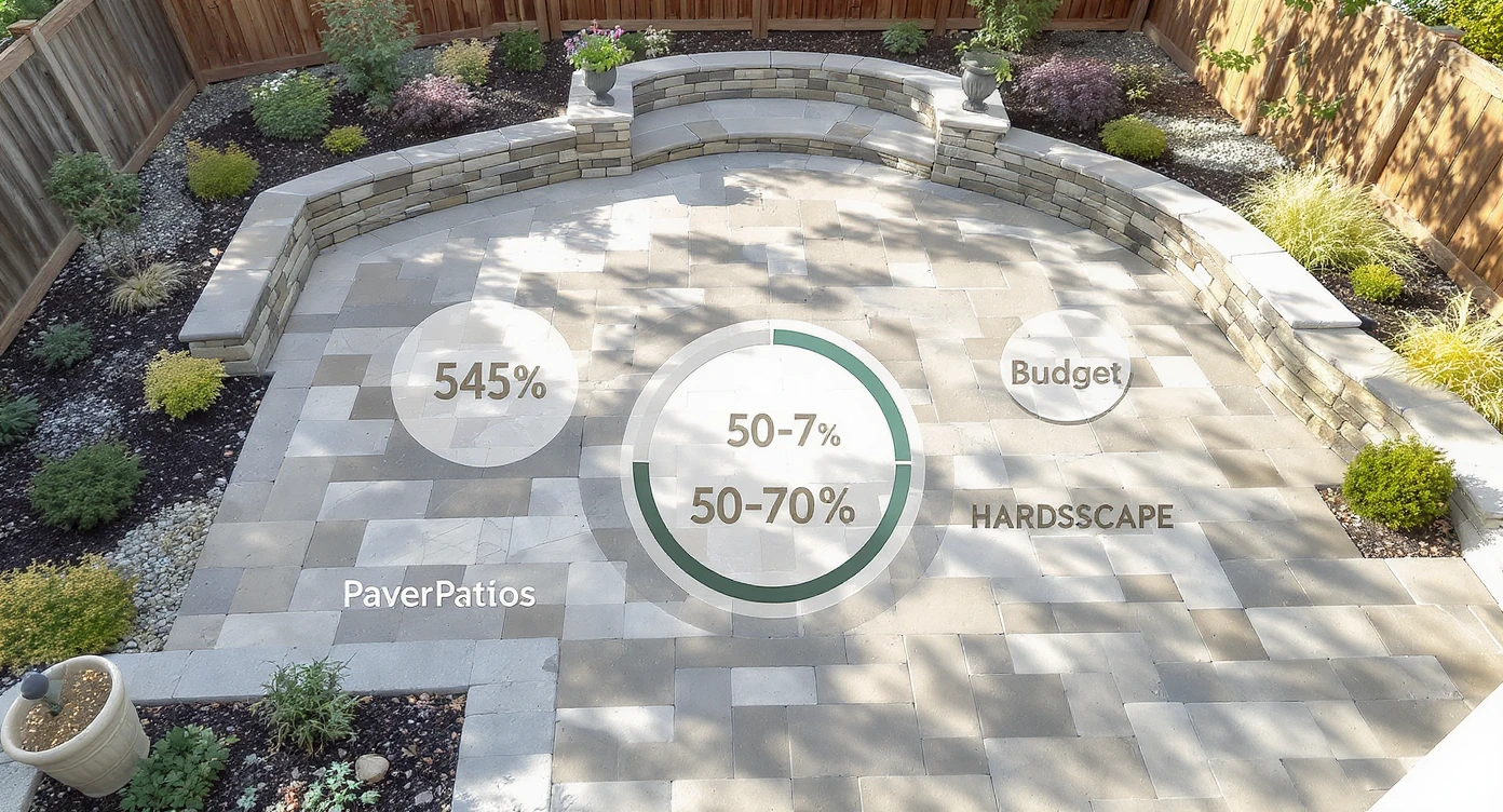 Overhead view of a large modern backyard with beige stone paver patio, walkways, seating walls, and integrated landscaping under natural sunlight.