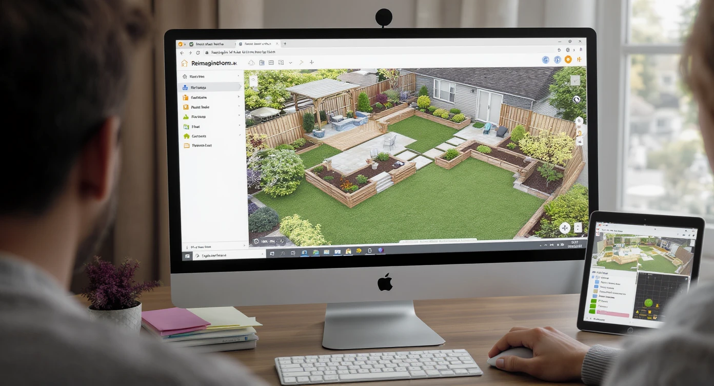 Homeowner using ReimagineHome.ai on a computer to quickly mock up an outdoor yard layout with hardscaping.