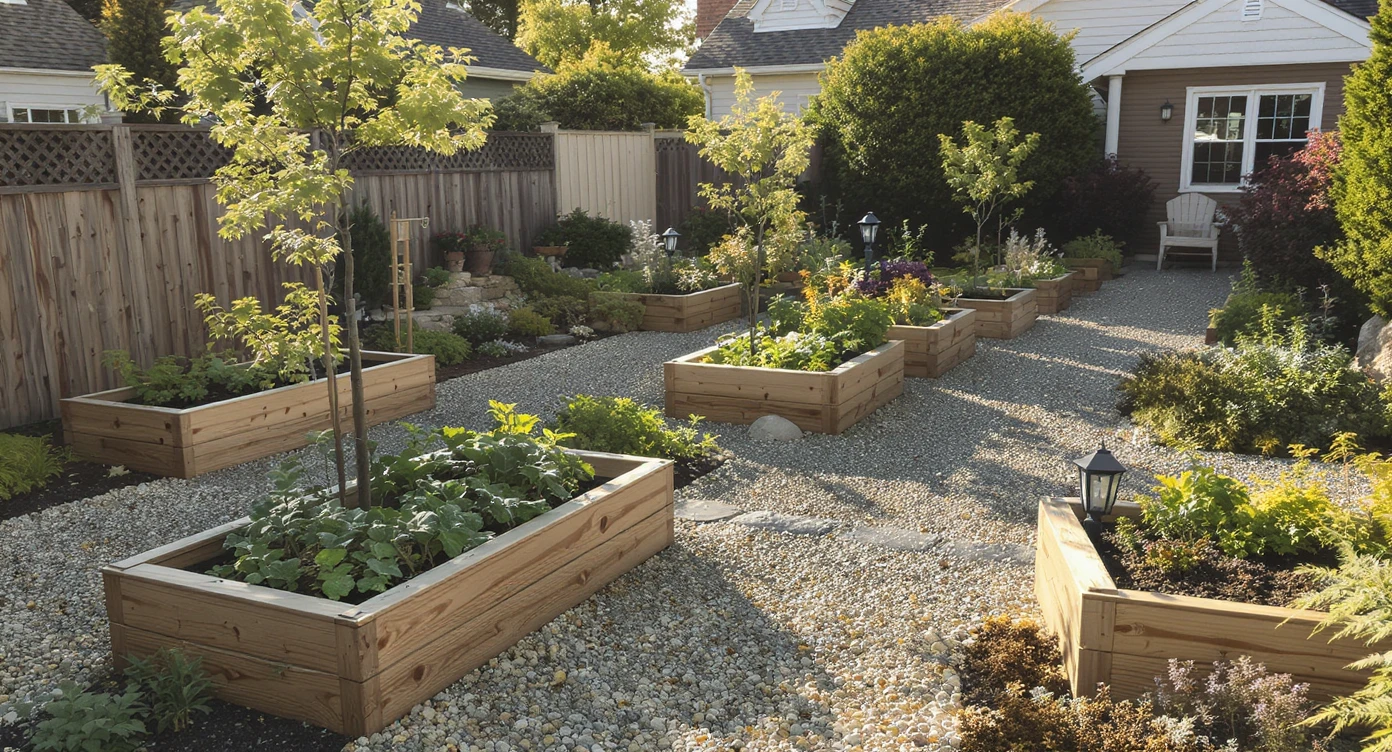Daylight aerial view of a front yard with wide gravel path and cedar raised vegetable beds, showcasing structure and edible plants.