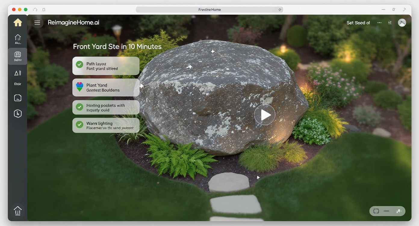 Digital mockup of ReimagineHome.ai interface visualizing stone paths, planting, and warm lights around a front yard boulder.
