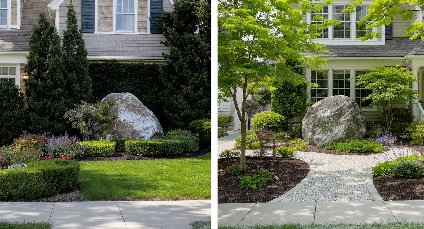 Two Boston-area front yards with large boulders surrounded by stone walks, shrubs, privacy hedges, and warm outdoor lighting.