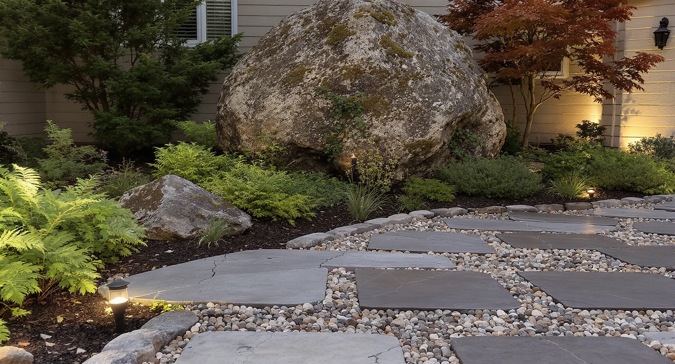 Front yard with large granite boulder surrounded by large stone slabs, gravel, native moss, and ferns under warm late afternoon light.
