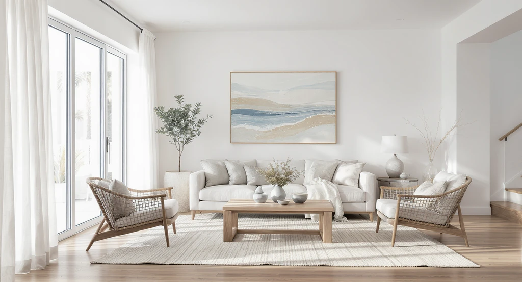 AI visualization for modern coastal interiors shows a sunlit living room with neutral palettes, natural materials like oak, linen, and rattan, large windows, and subtle ocean-inspired decor, demonstrating how AI transforms home staging and virtual staging for beach houses.