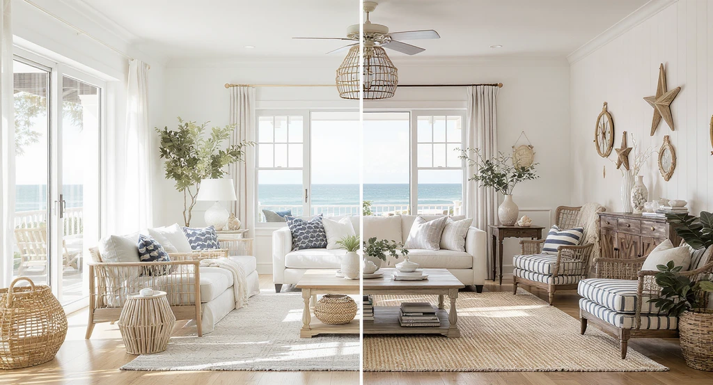 Photorealistic ai visualization of a beach house living room, split to showcase modern coastal vs traditional coastal design styles for virtual staging ai.