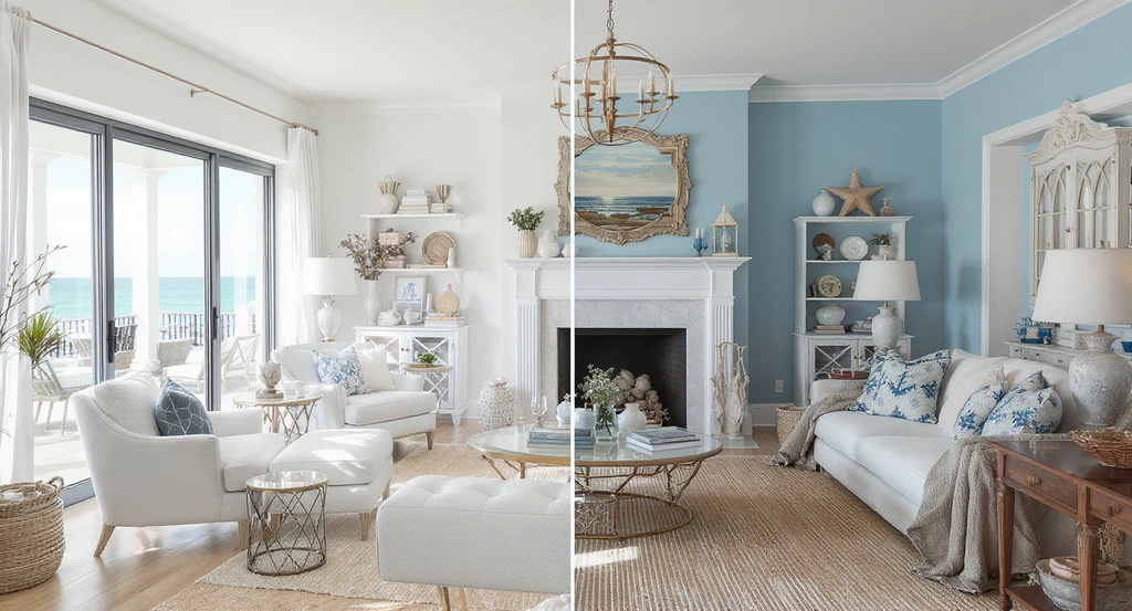 Photorealistic ai visualization contrasting modern coastal versus traditional coastal interiors in a luxury living room using virtual staging ai for beach houses and neutral home makeovers.