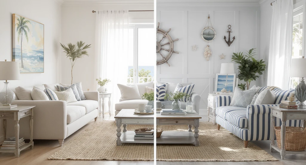 Split room ai visualization comparing modern coastal interiors with neutral, minimal elements and traditional coastal design featuring blue-and-white, nautical décor, demonstrating how ai transforms home staging for beach houses and aids in choosing the right coastal design style.