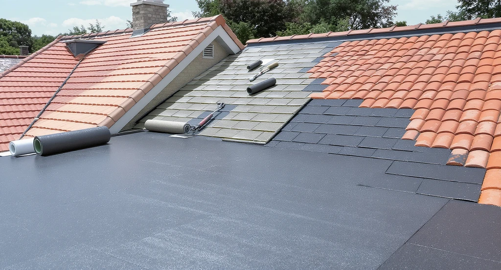 Close-up of a modern rooftop displaying best exterior waterproofing methods for roofs, including polyurethane coating, bituminous membrane, and brickbat coba.