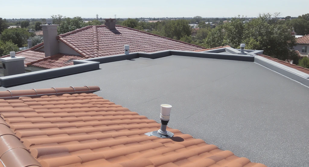 Modern home's roof showing waterproofing products in use: water-resistant paint on sloped tiles, elastic membrane on flat concrete, and flexible sealant on joints for roof waterproofing and curb appeal improvement, illustrating best exterior waterproofing methods for roofs.