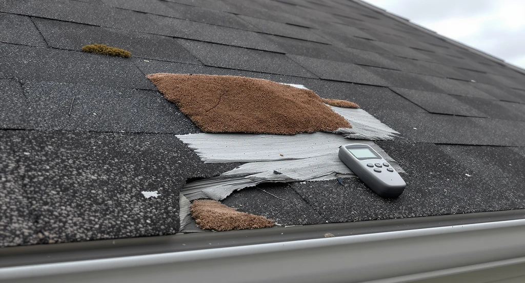 Close-up of a modern roof with a moisture meter, showing minor cracks, discolored shingles, and moss growth—key roof waterproofing for curb appeal improvement and best exterior waterproofing methods for roofs.