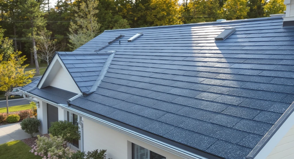 Modern home's waterproofed roof with advanced exterior membrane coatings, seamless layers, and clean edges, enhancing curb appeal and protection.