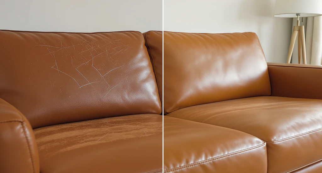 Side-by-side comparison of a scratched cognac aniline leather sofa and a pristine top-grain protected leather sofa in a modern living room, showing differences in durability and maintenance needs.