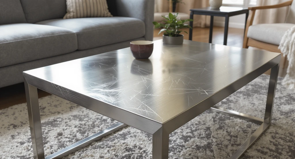 Modern living room with a scratched and fingerprint-marked metal coffee table beside a matte powder-coated metal side table, highlighting high-maintenance and durable furniture materials.