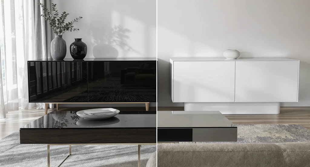 Editorial photo showing a high-gloss lacquered sideboard and cocktail table with fingerprints and dust, beside clean matte and satin-finish furniture to illustrate best alternatives to high-maintenance materials.
