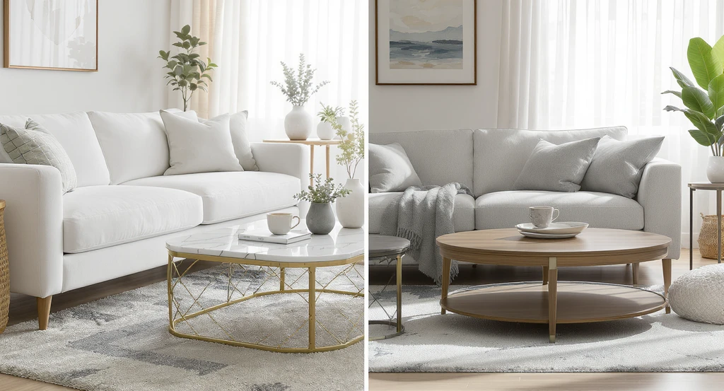 Editorial photo of a modern living room showing high-maintenance furniture materials like velvet, marble, and glass beside best alternatives such as stain-resistant fabric and wood.