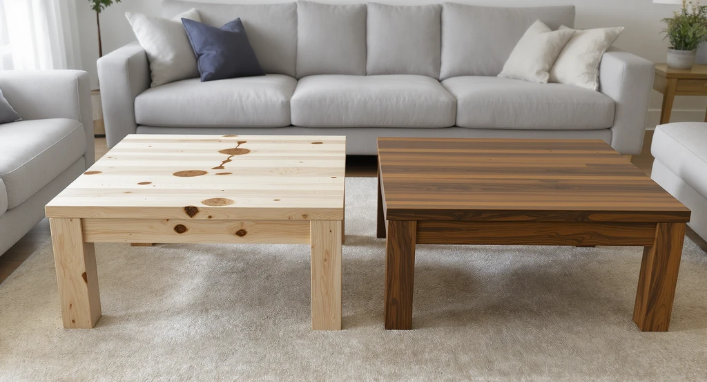 Modern living room with a raw pine coffee table marked by dents and stains next to a flawless walnut table, highlighting high-maintenance vs. alternative furniture materials.