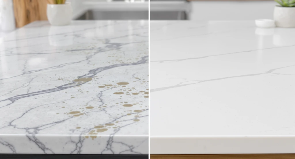 Comparison of stained unsealed marble next to spotless honed quartzite or porcelain surfaces showing the difference in furniture material maintenance needs.
