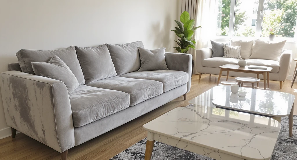 Living and dining space with hard-to-maintain velvet sofa, glossy table, and marble coffee table beside best alternatives like linen, solid wood, and quartz furniture.