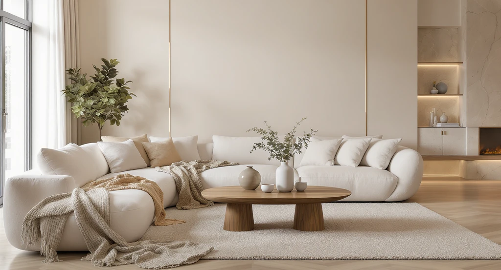 Soft modern interior design trends 2026 shown in a serene living room with neutral tones, oak and stone materials, and virtual staging for a soft modern home.