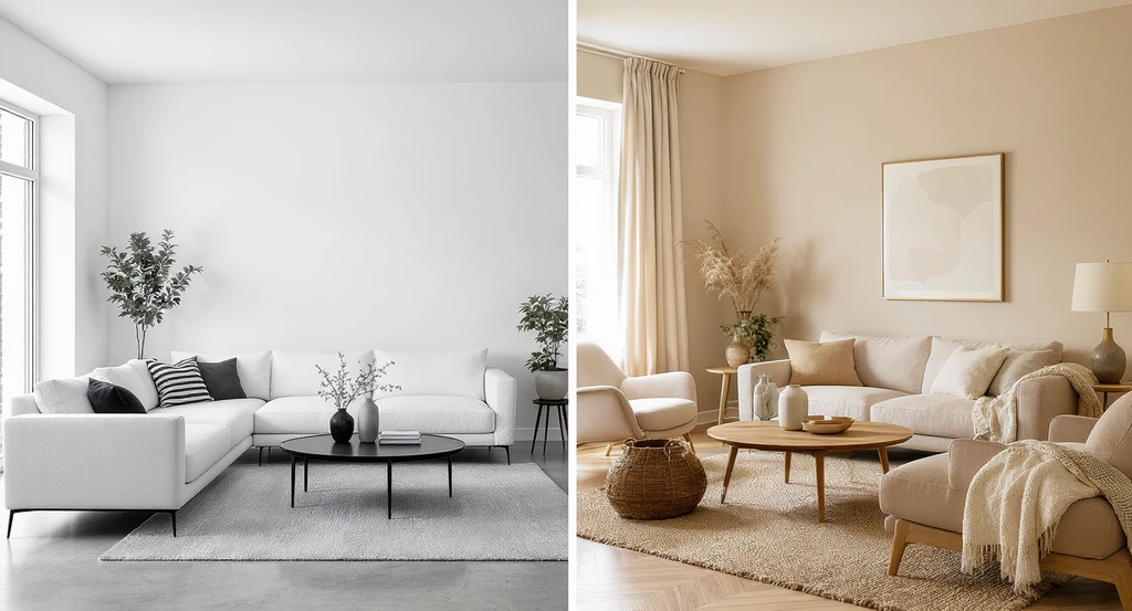 Side-by-side comparison of minimalist and soft modern living rooms, showcasing soft modern interior design trends 2026, natural materials, and calming color palettes for virtual staging a soft modern home.