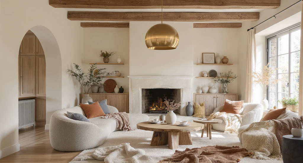 Soft modern interior design trends 2026 shown in a neutral living space with rounded boucle sofa, FSC-certified wood, and curated décor for a calm, livable home.