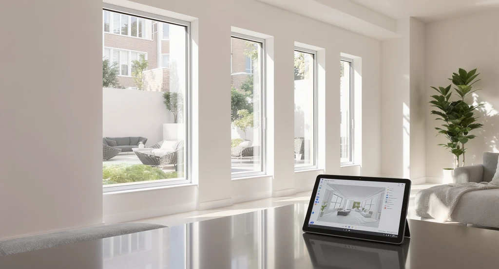 Modern small living room with slender floor-to-ceiling glass windows, minimalist frames, glossy light finishes, and a tablet showing window visualizations.