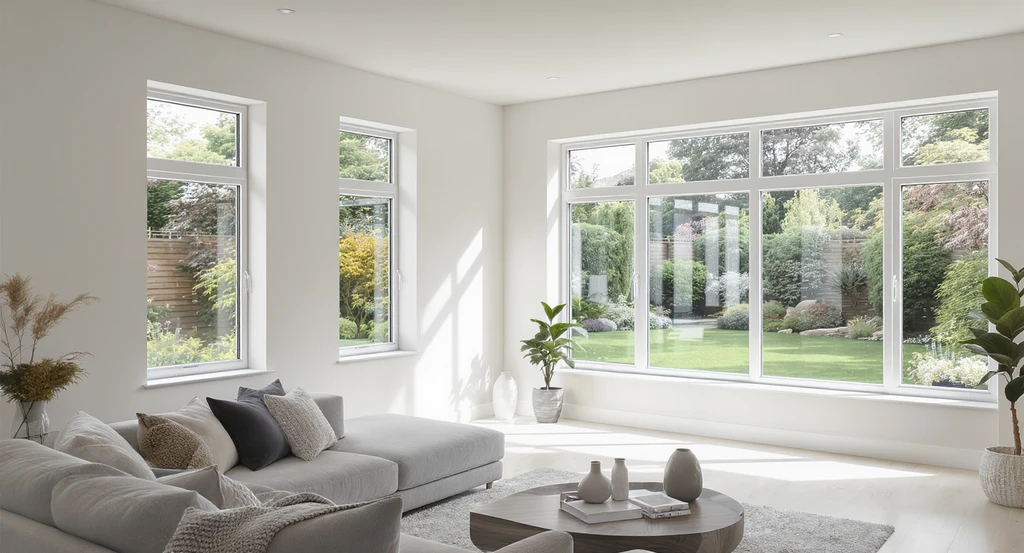 Modern living room with balanced glass window sizing and thoughtful placement, maximizing daylight, privacy, and open views for a spacious feel.