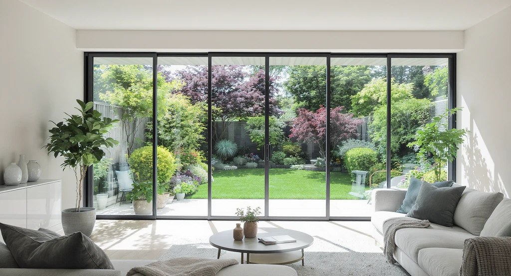 Contemporary living room with floor-to-ceiling glass windows maximizing natural light, offering garden views, and creating a spacious, airy home interior.