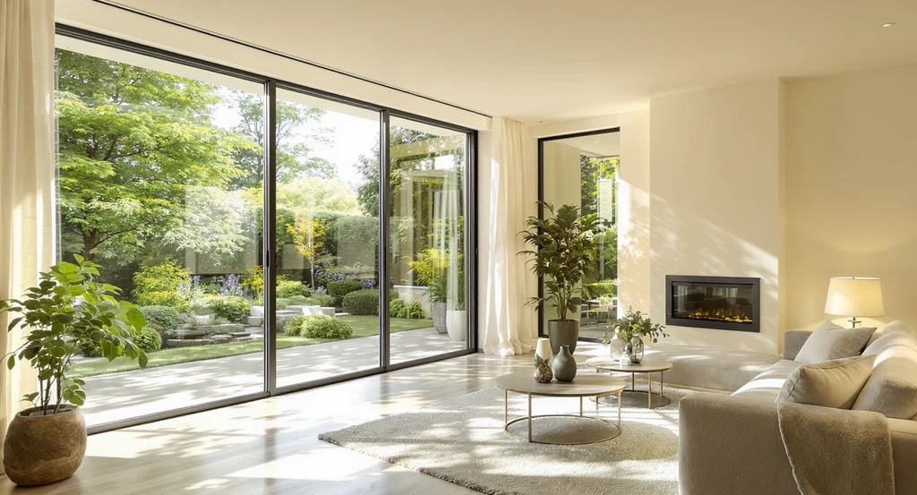Bright, airy living room with floor-to-ceiling glass windows letting in abundant natural light, creating a spacious feel and garden views.