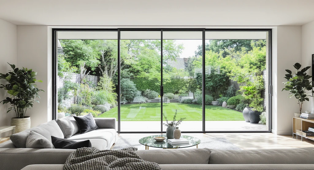 Modern living room with large floor-to-ceiling glass windows showcasing natural light and garden views, making the home feel spacious.