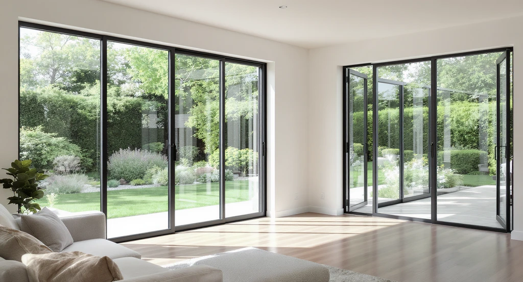 Contemporary living room with fixed glass, sliding, and glass-to-glass corner windows maximizing light, offering spacious views, and blending indoor-outdoor spaces.