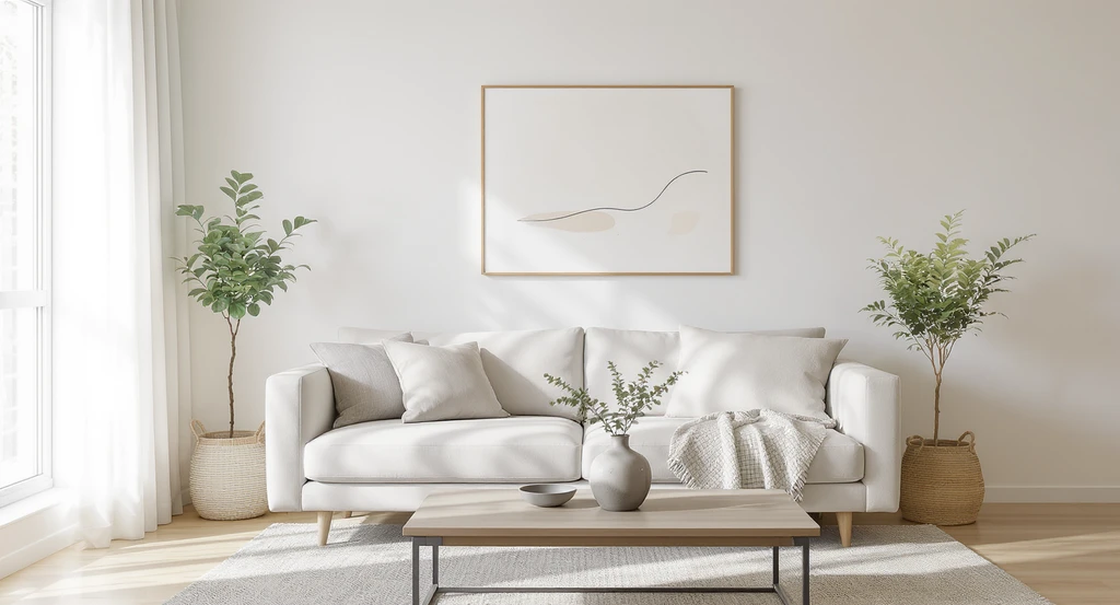 Minimal modern living room staged with restrained accessories, neutral colors, and clean surfaces, reflecting ai home design trends 2026 and ai-powered virtual staging for premium homes.