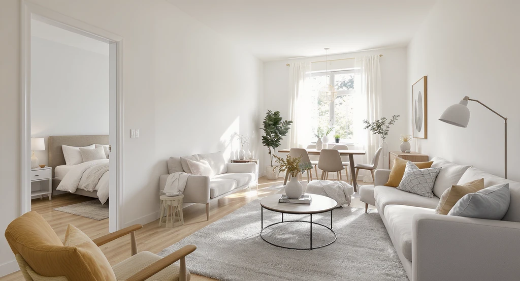 Editorial image visualizing ai home design trends 2026 with ai-powered virtual staging, showing how ai visualizes modern living spaces and clarity-first furniture placement in a premium home.