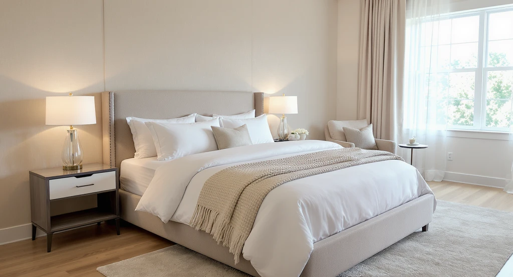 Hotel-inspired master bedroom with neutral bedding, layered textiles, textured wall panel, soft lamps, and cozy reading chair. ai home design trends 2026, how ai visualizes modern living spaces, ai-powered virtual staging for premium homes, using ai for wellness-centric interior design.