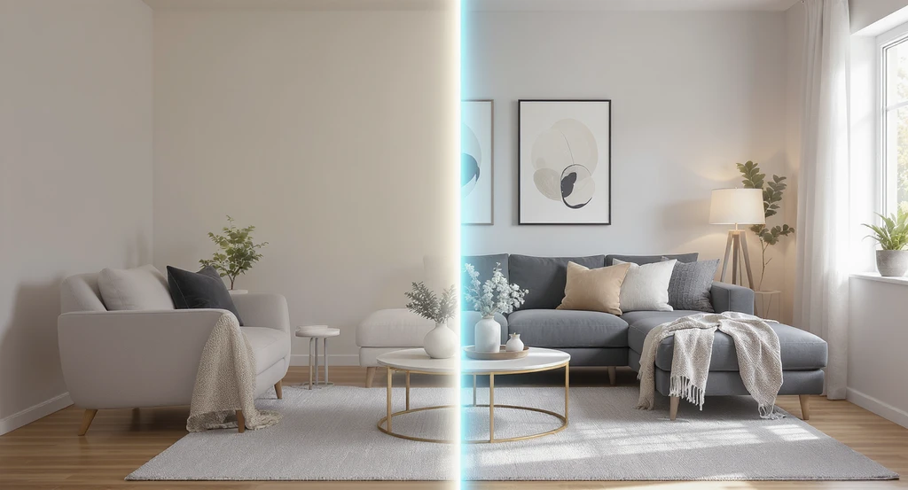 Editorial photo of a modern living room, half empty and half virtually staged with stylish AI-designed furnishings, highlighting ai home design trends 2026 and how ai visualizes modern living spaces for premium homes.