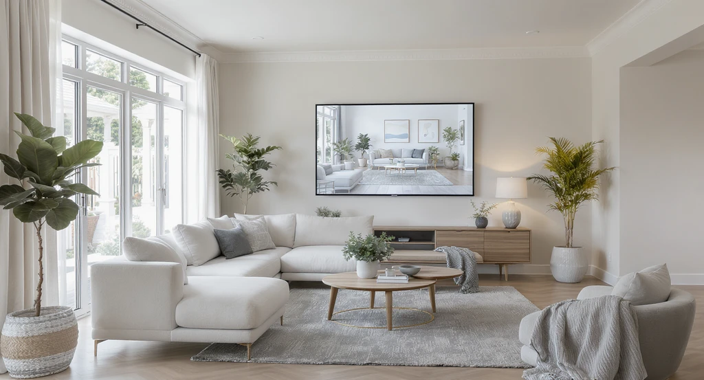 Modern living room staged using AI-powered virtual staging, illustrating ai home design trends 2026 and how ai visualizes modern living spaces.